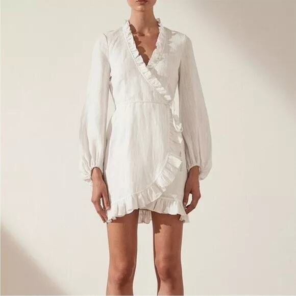 Shona Joy Dresses & Skirts - Shona Joy Holden Wrap Dress White Gold Lurex Linen Size 6